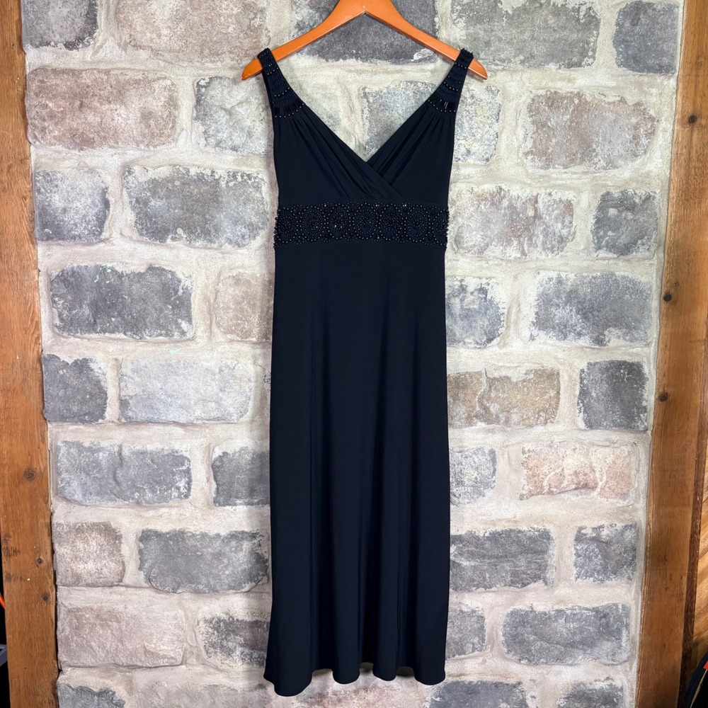 Adrianna Papell Black Beaded Empire Waist Midi Dress Sleeveless Size 8 Timeless
